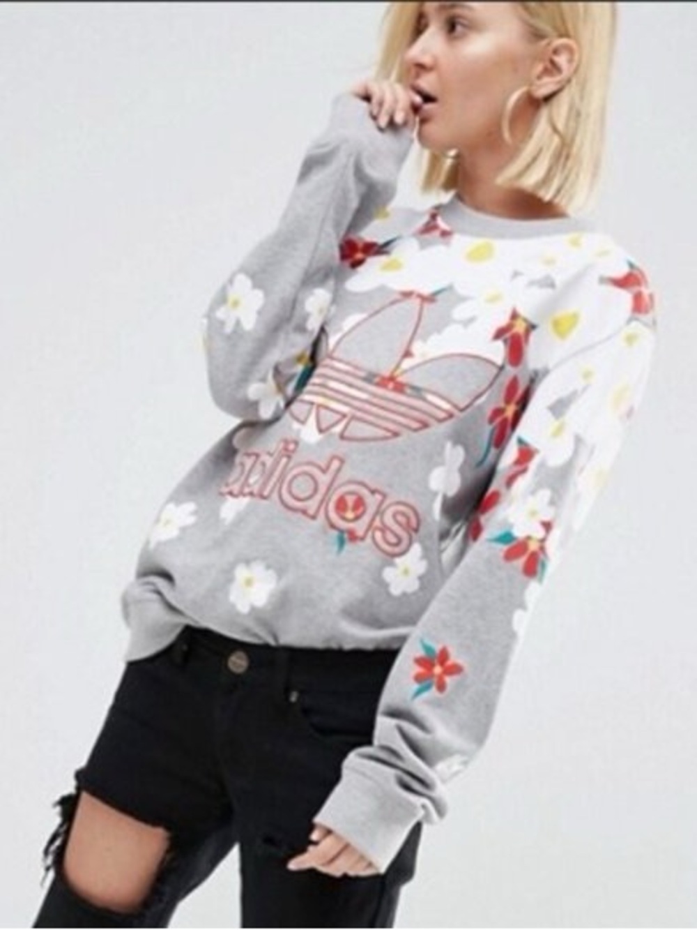 adidas Gray Floral Trefoil Crewneck Sweatshirt